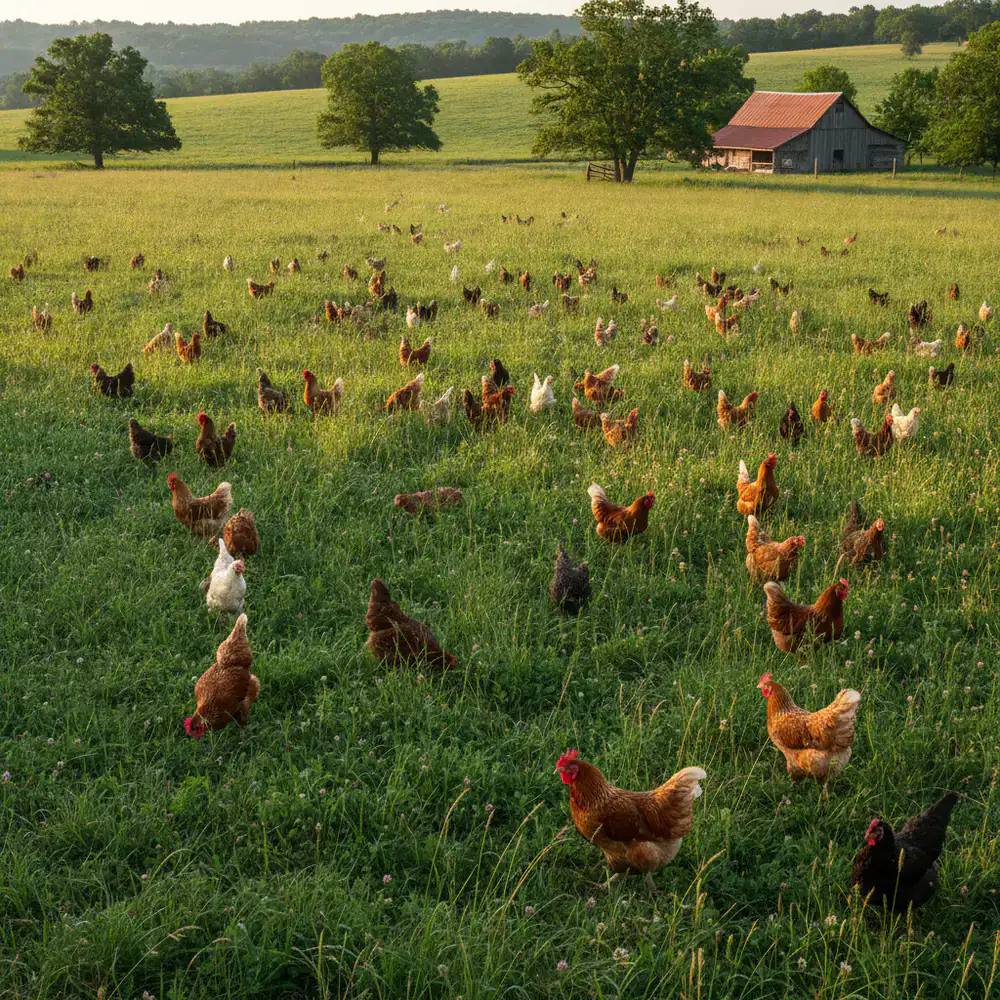 Un grande stormo di galline ruspanti in un verde pascolo biologico
