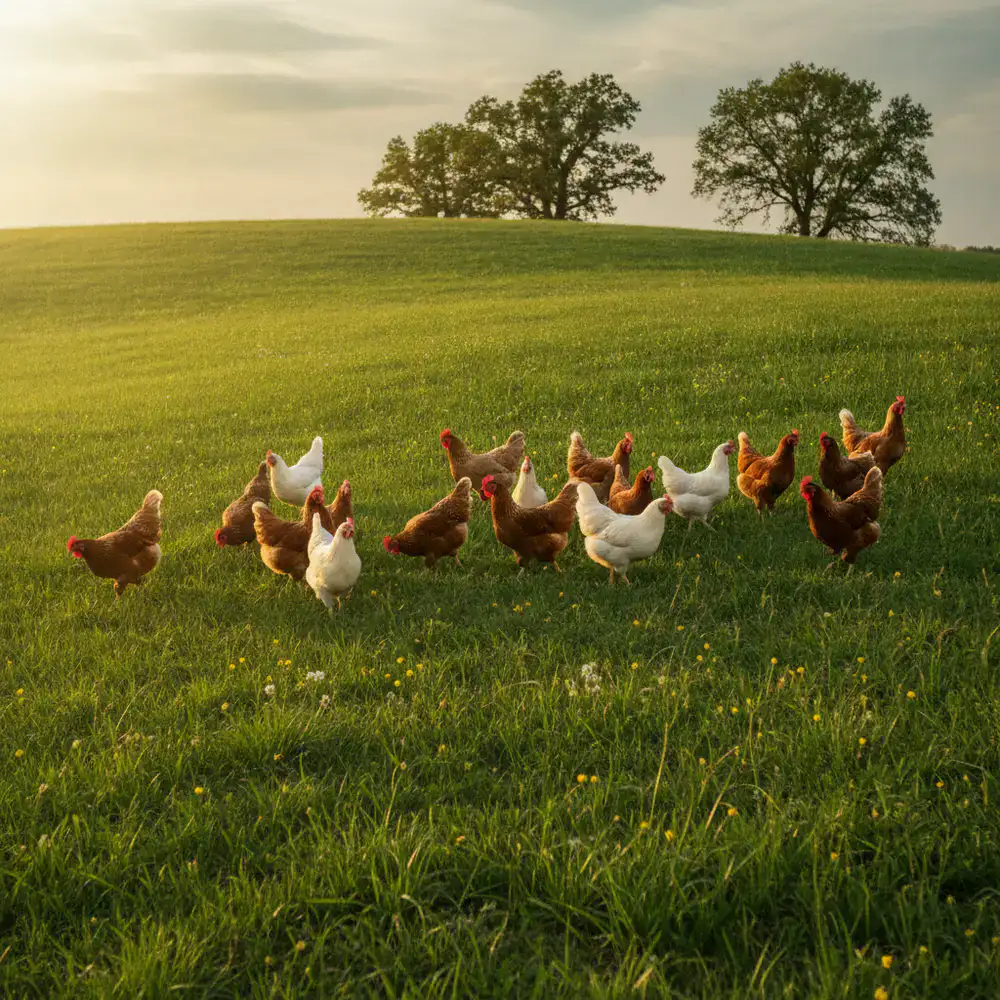 Galline ruspanti che camminano liberamente su una grande collina verde