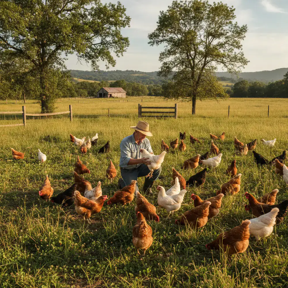 Contadino che controlla le galline ruspanti in un campo biologico