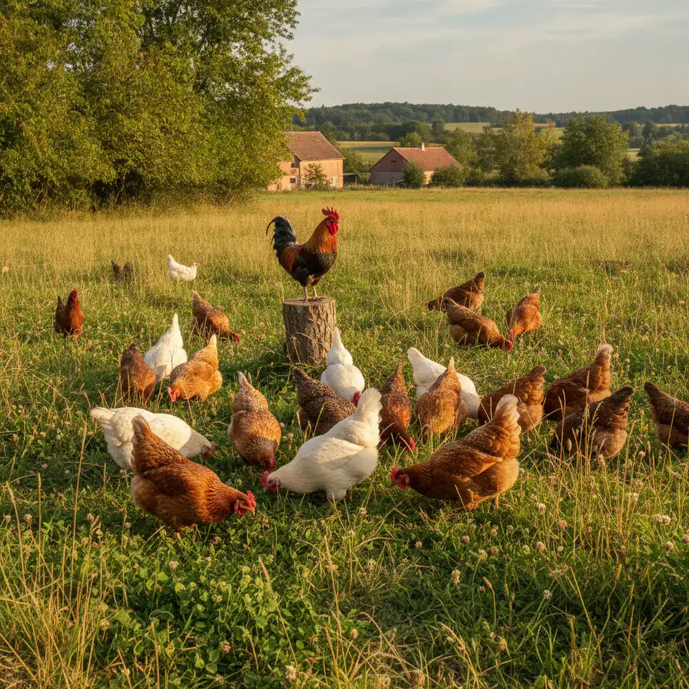 Galline ruspanti che pascolano nell'erba
