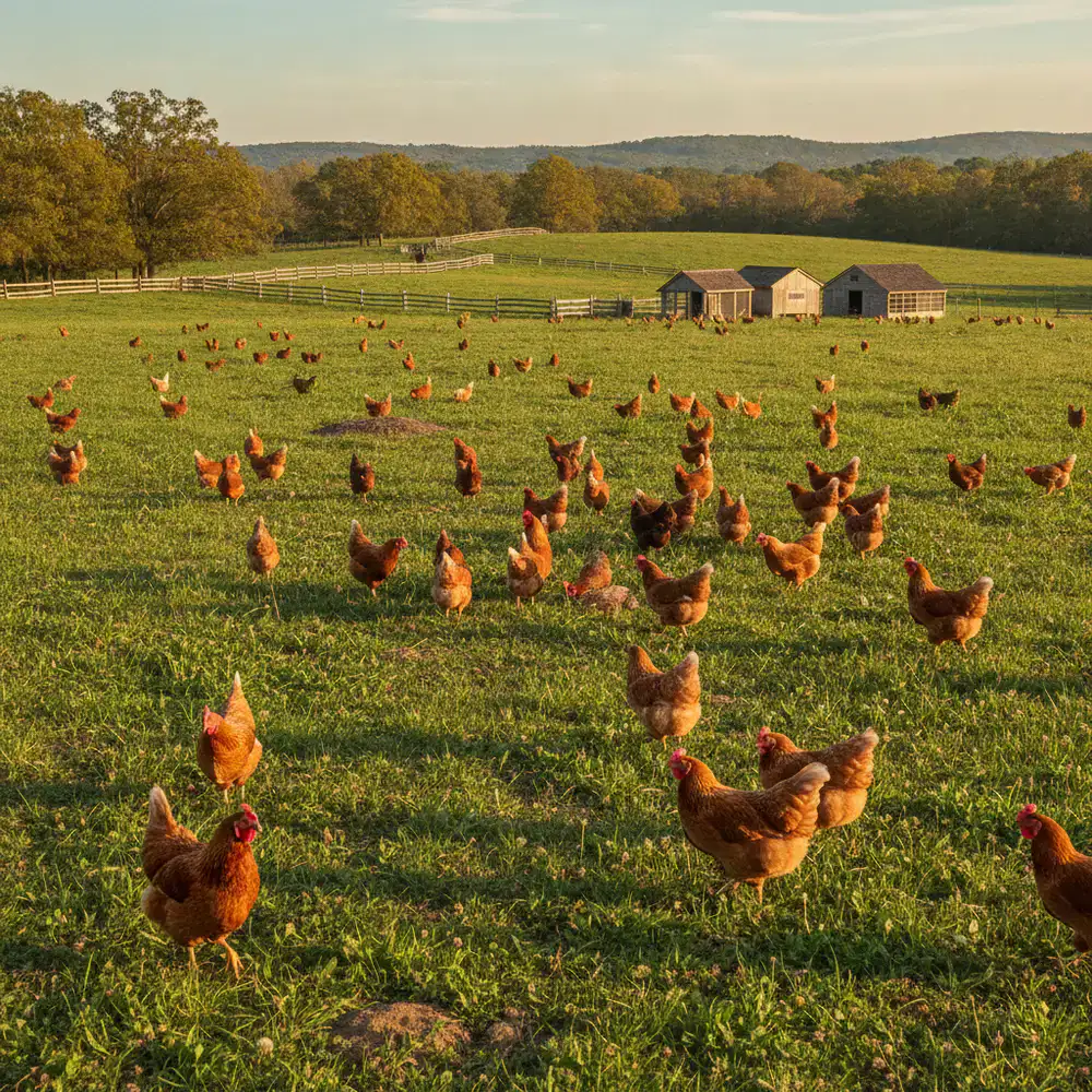 Galline ruspanti che razzolano in un vasto pascolo verde