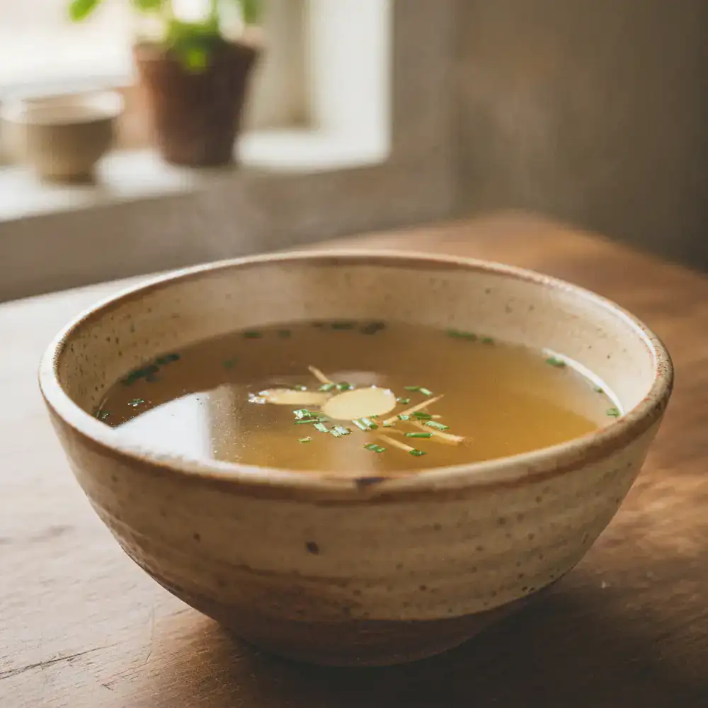 Brodo di pollo chiaro in una ciotola rustica