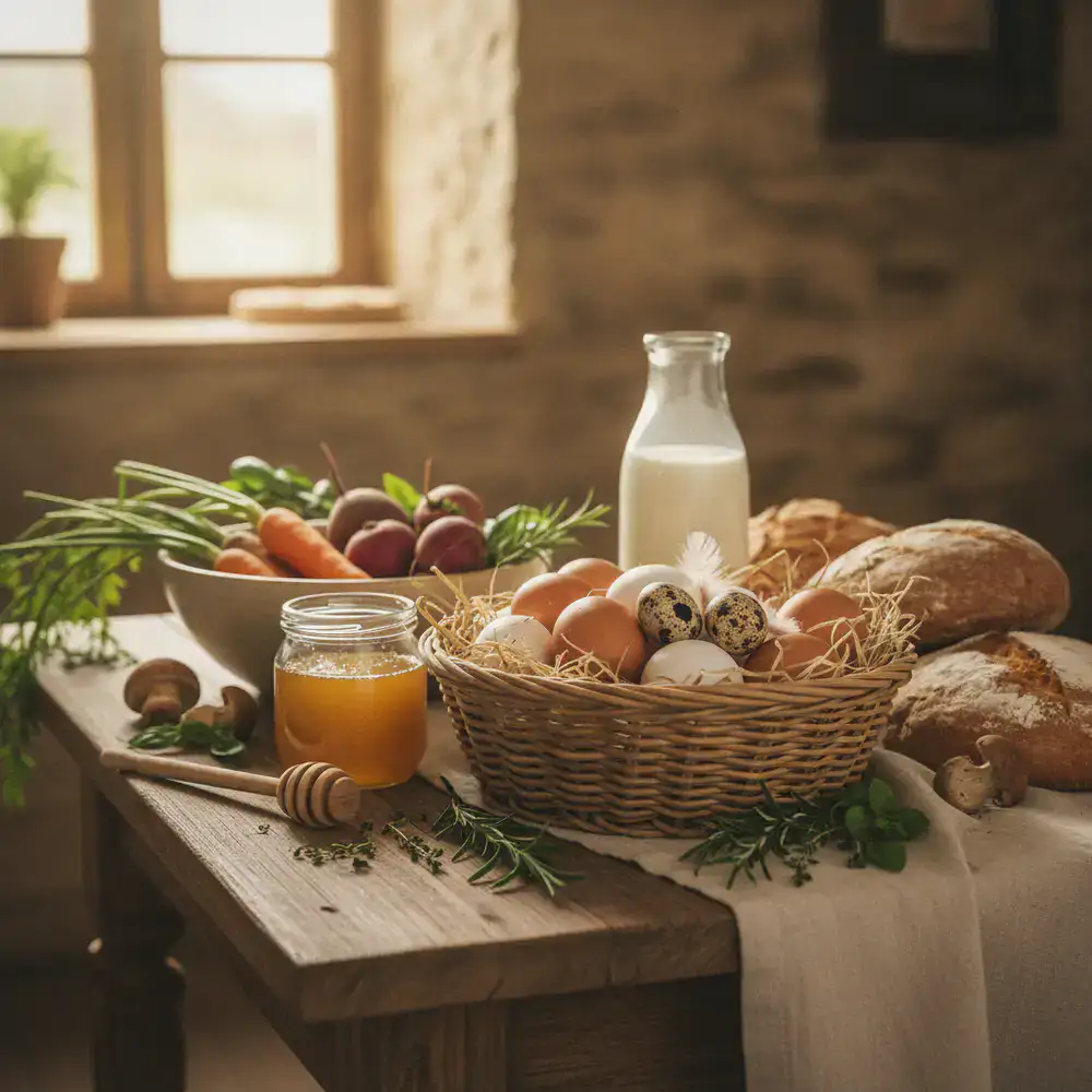 Uova fresche biologiche e prodotti agricoli su un tavolo rustico